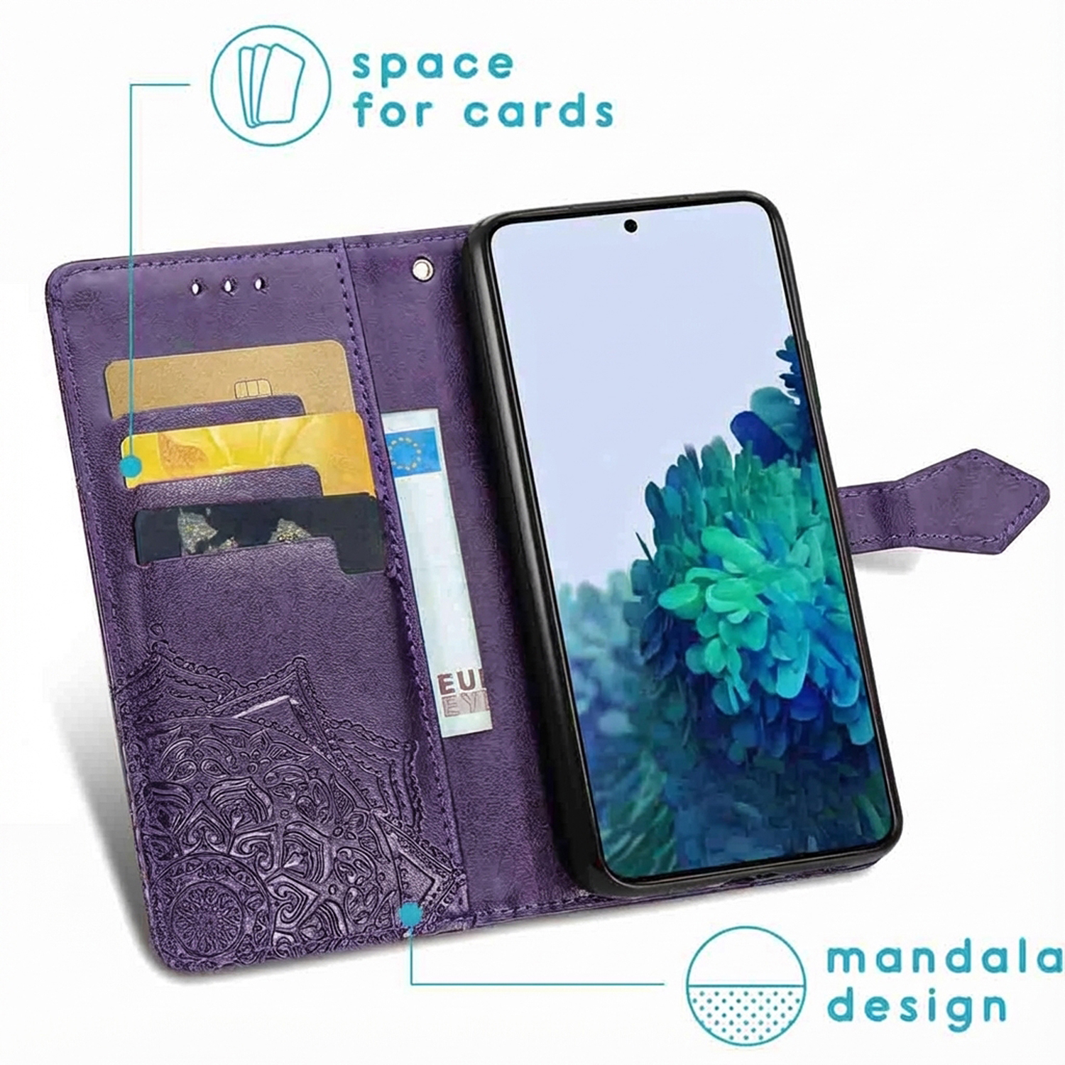 Étui portefeuille violet pour téléphone avec motif mandala, fentes pour cartes et smartphone.