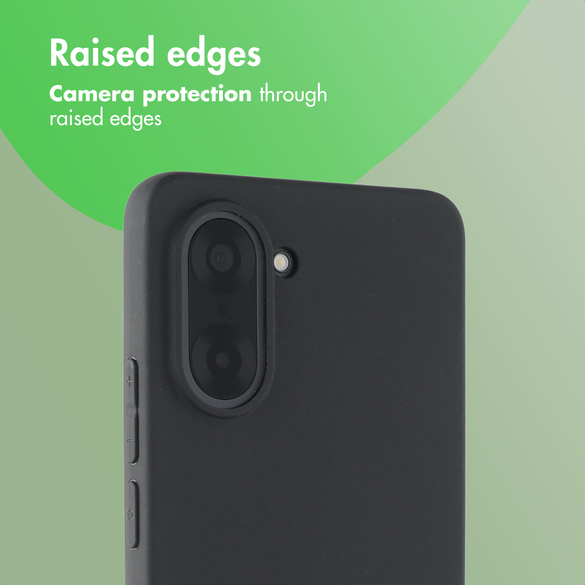 Custodia per smartphone nera con bordi rialzati attorno alla fotocamera e pulsanti laterali su sfondo verde.