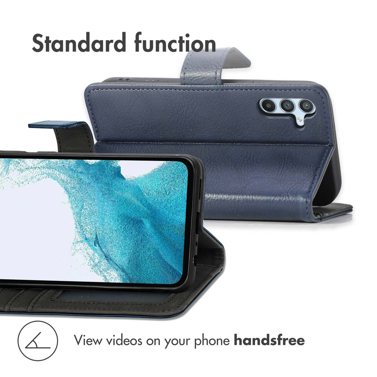 Un étui de téléphone en cuir bleu montre l'avant et l'arrière avec un smartphone.