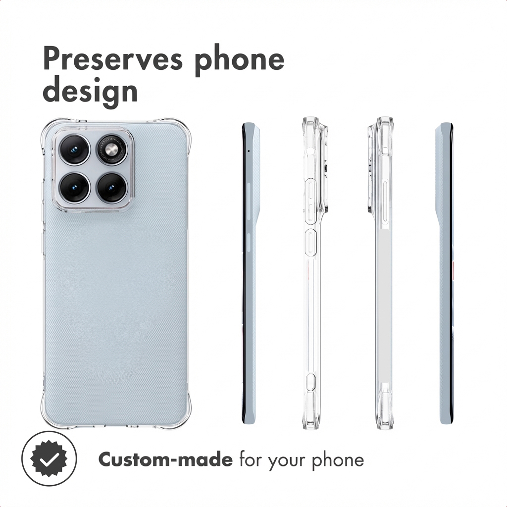 Funda protectora transparente para un smartphone con cuatro cámaras mostrada desde varios ángulos.