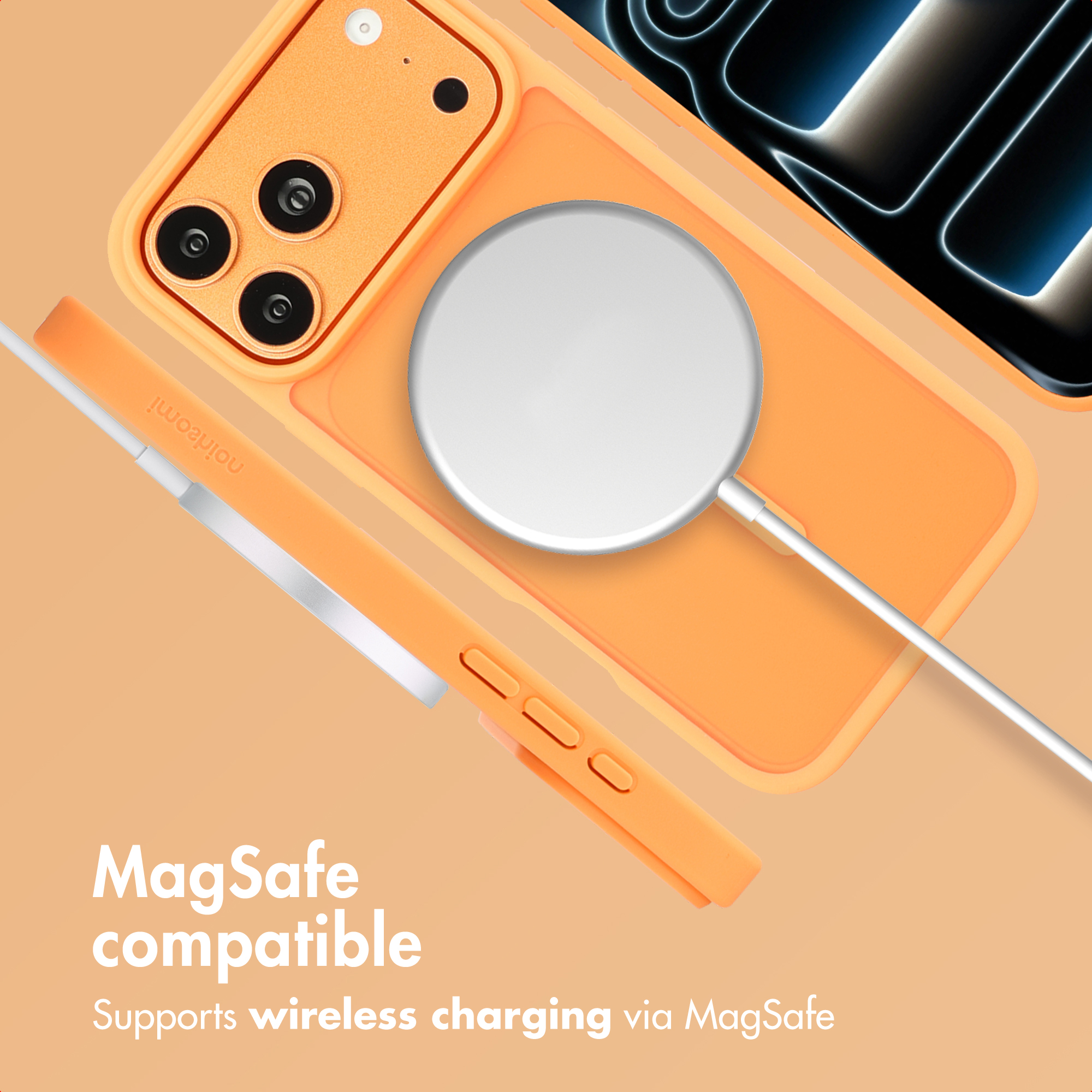 MagSafe compatible orange phone case with a wireless charger on an orange background.