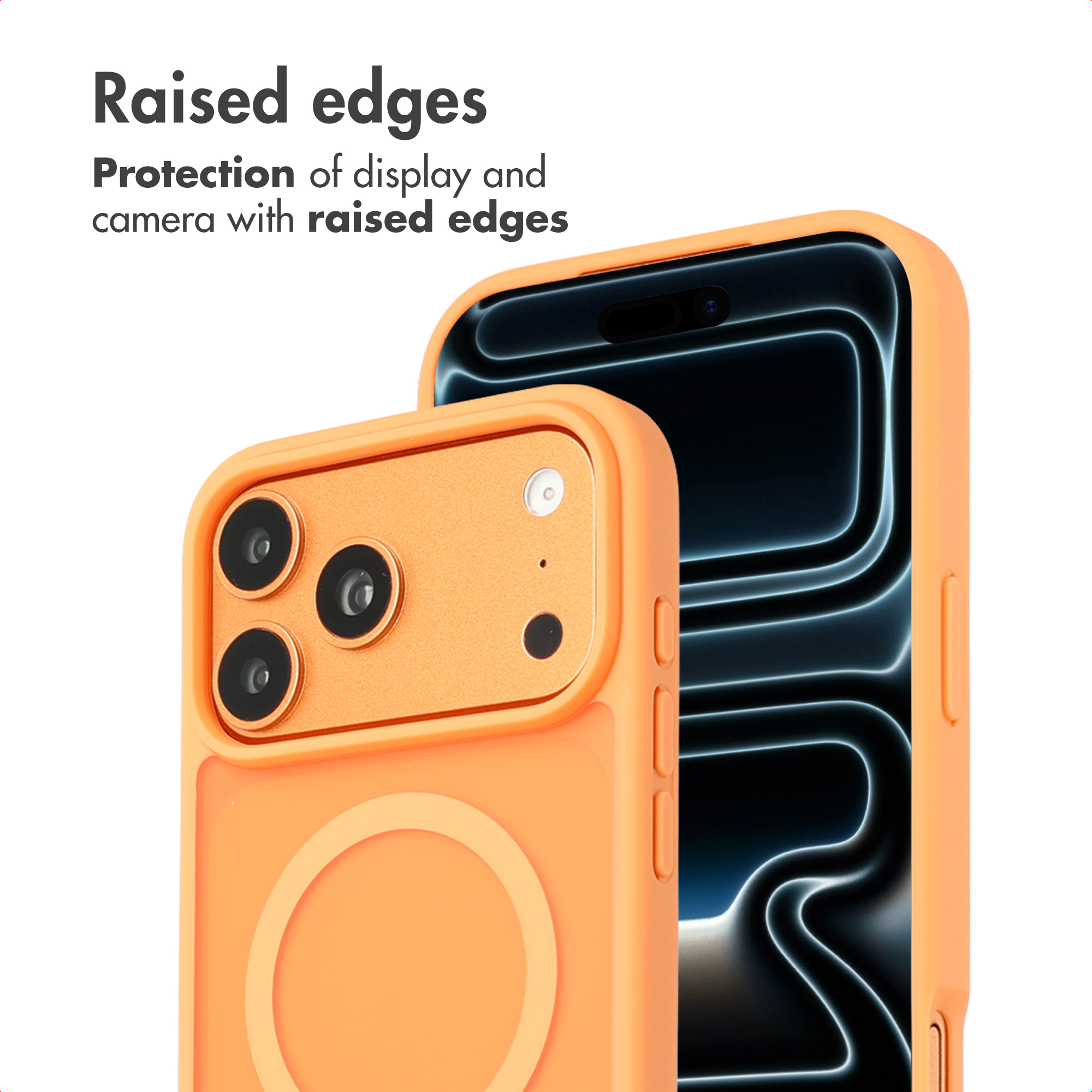 An orange phone case on a smartphone, highlighting raised edges for display and camera protection.