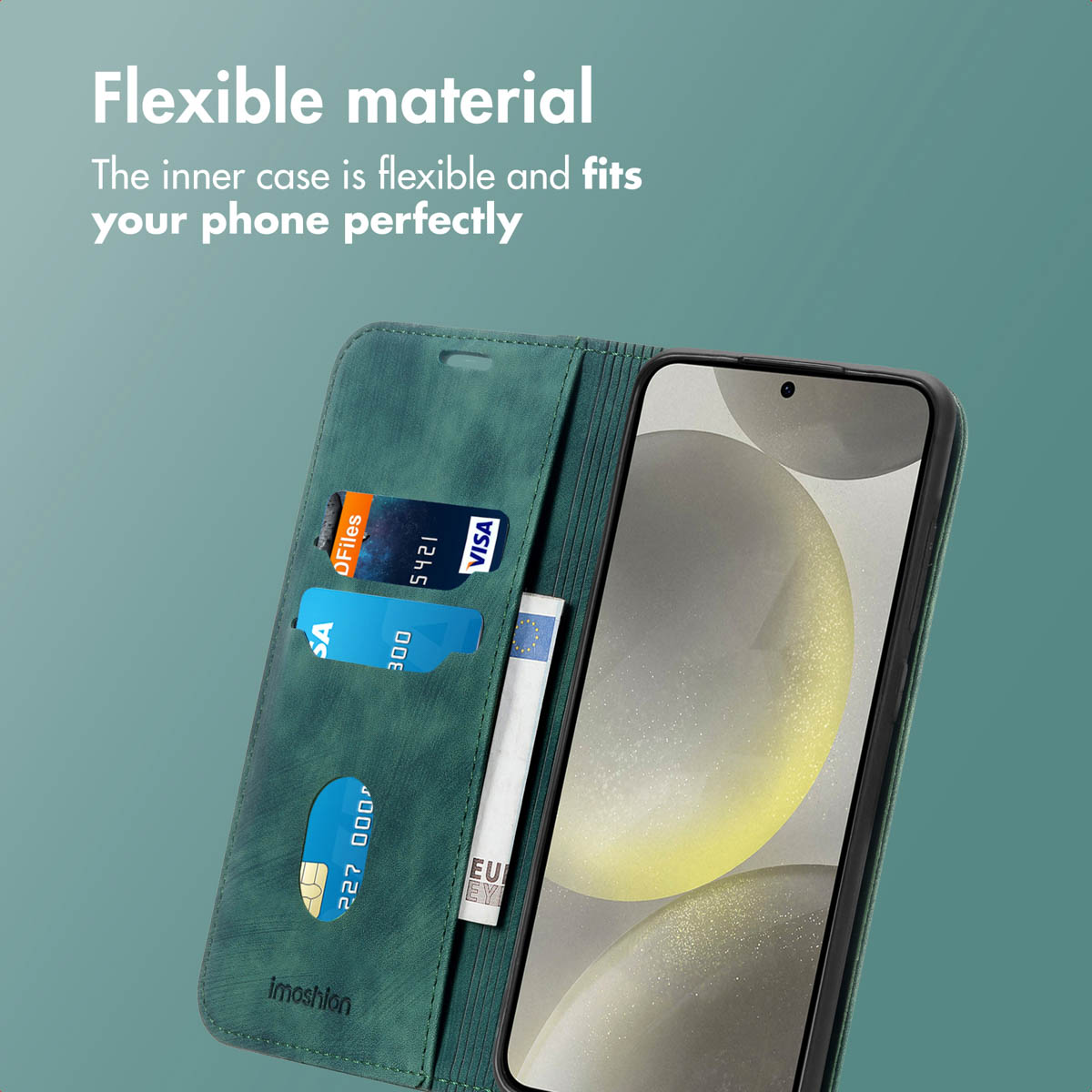 Étui portefeuille en cuir vert avec fentes pour cartes et smartphone, sur fond vert.