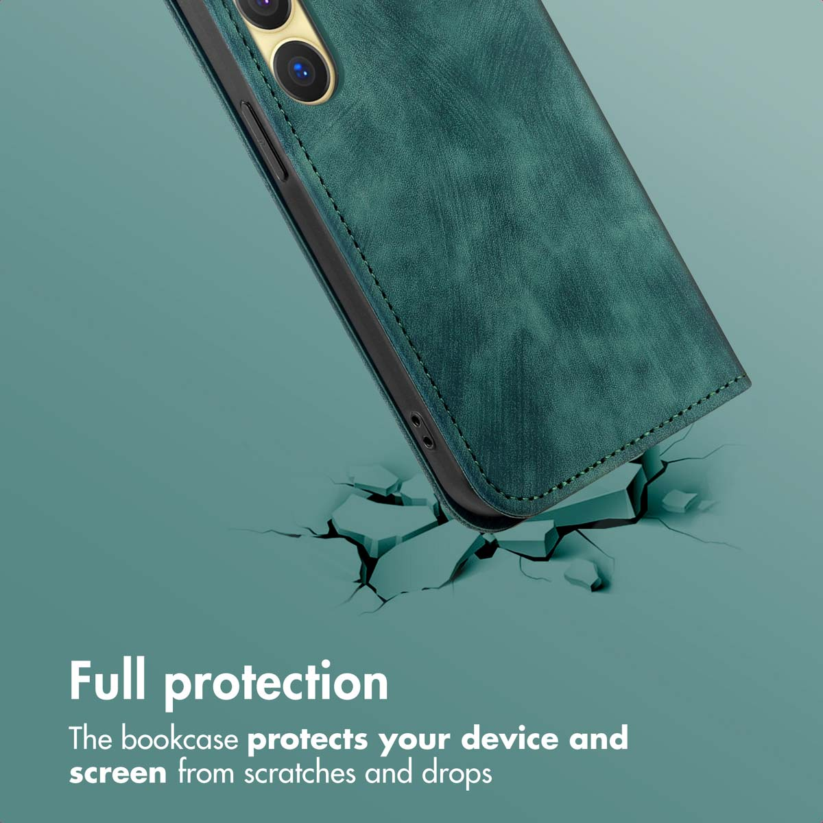 Coque de téléphone en cuir vert foncé sur surface craquelée avec texte sur la protection contre les chutes.