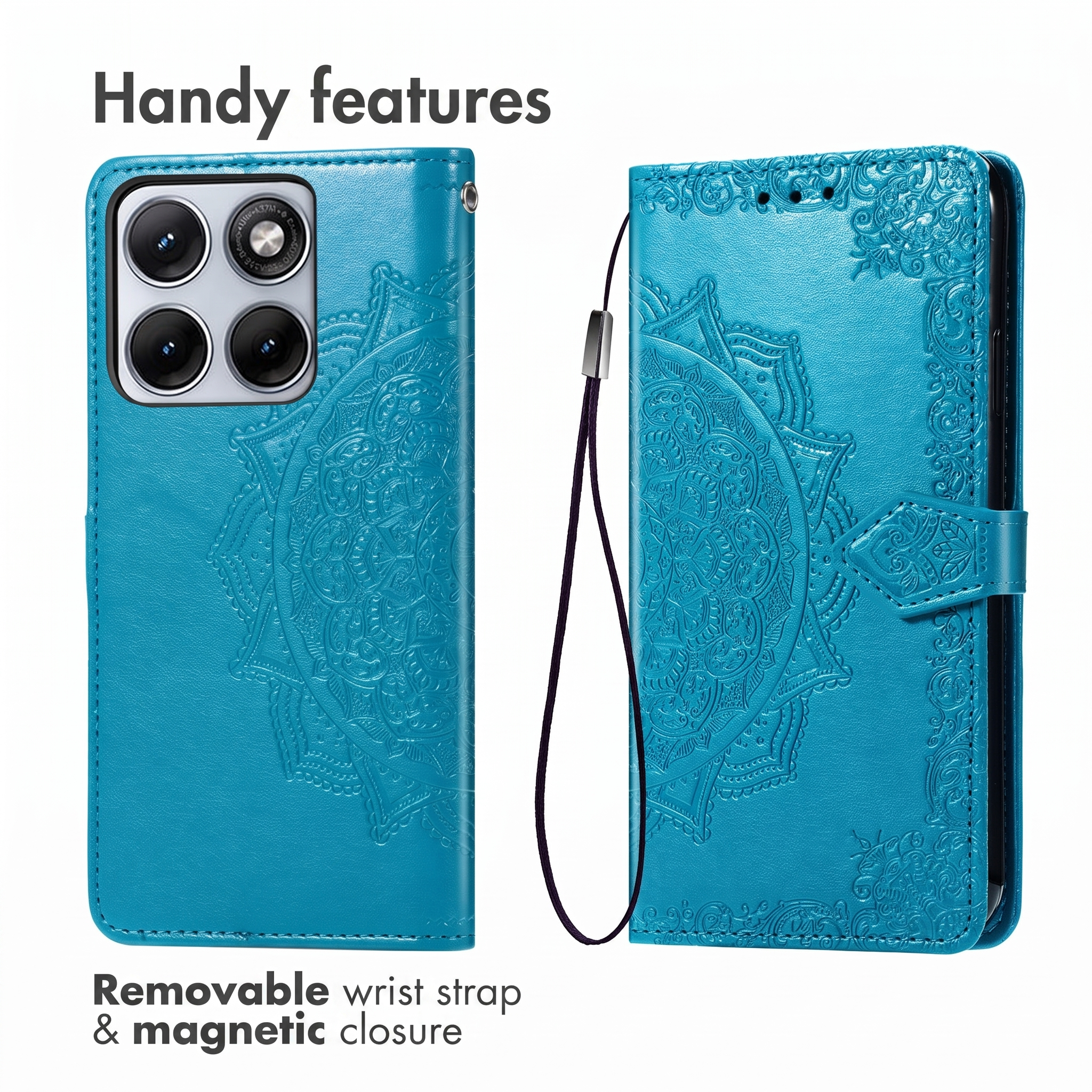 Funda de móvil azul con relieve de mandala, correa de muñeca y cierre magnético.