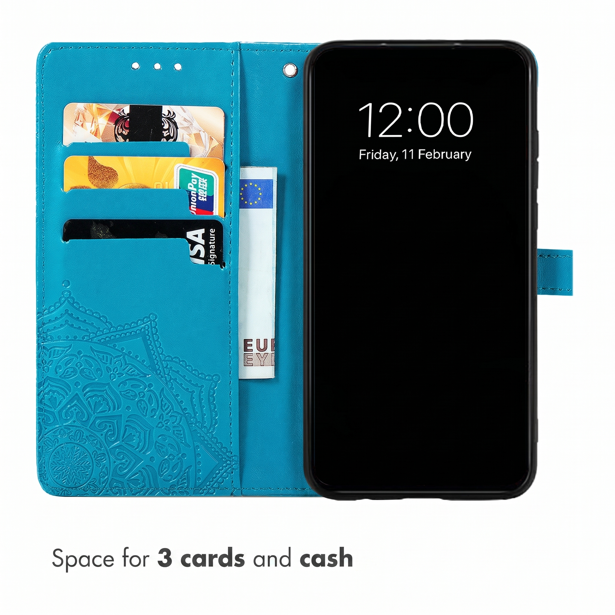 Una funda de móvil de cuero azul con ranuras para tres tarjetas y dinero, y un smartphone.