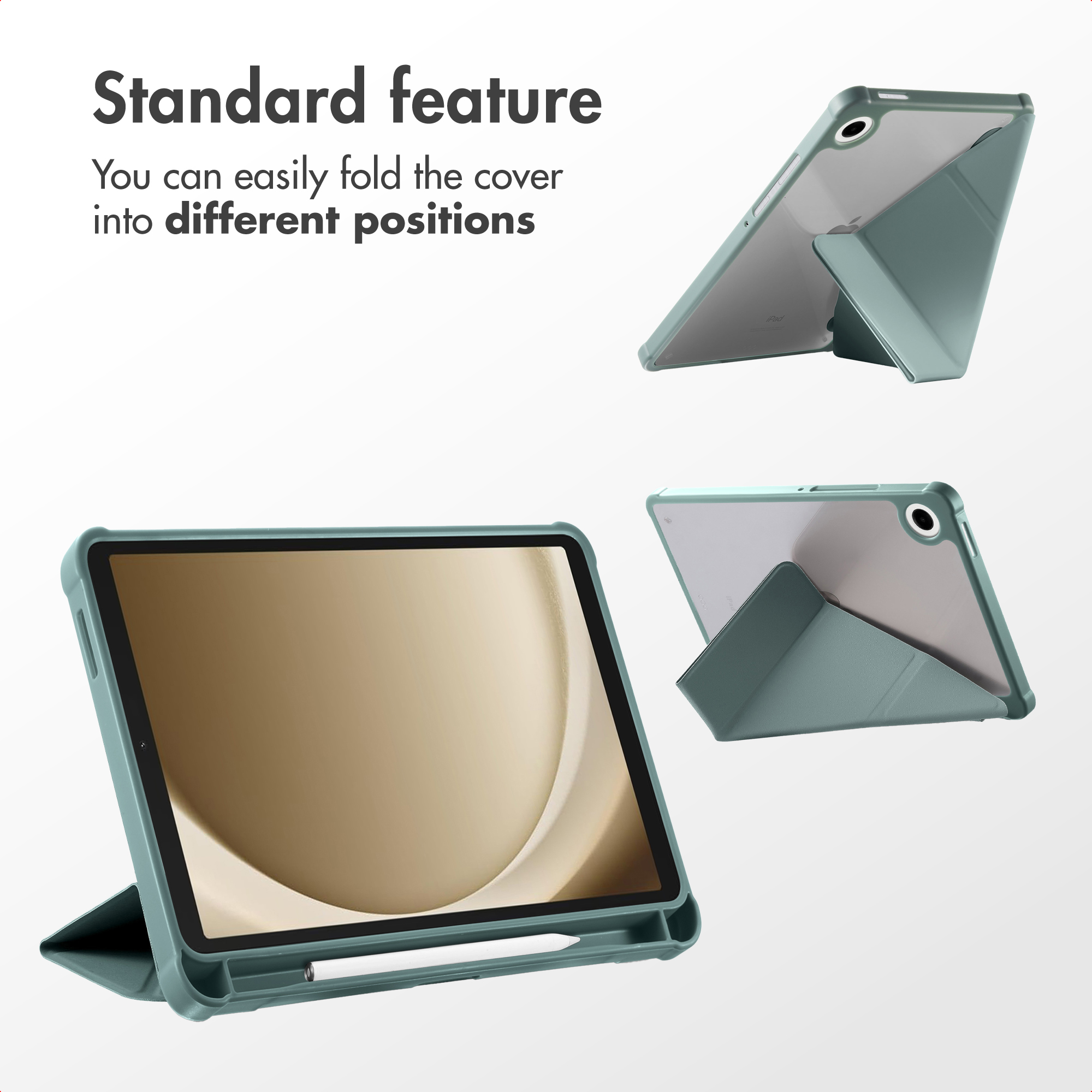 Une tablette grise avec une housse de protection pliable en plusieurs positions et un stylet.