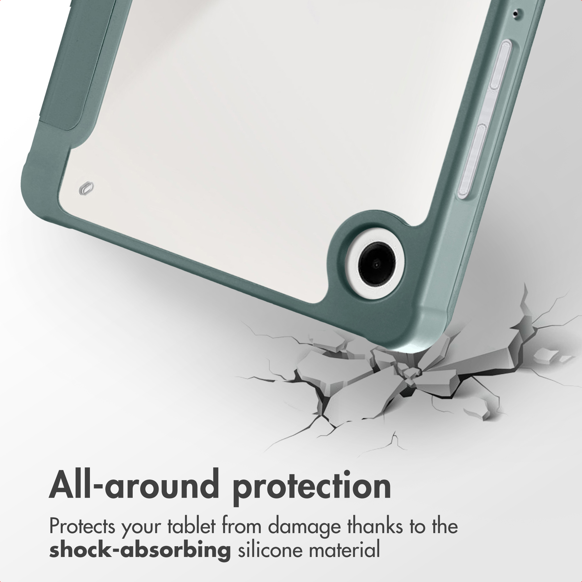 Coque de tablette verte protégeant des chocs grâce au silicone absorbant.