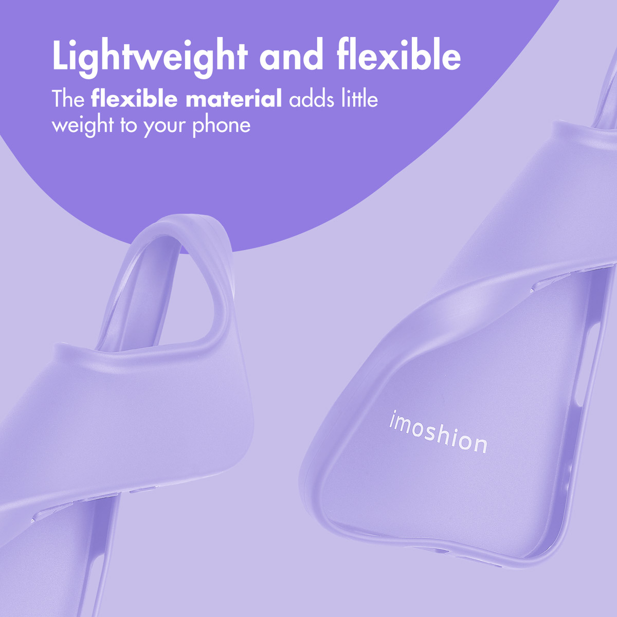 Deux coques de téléphone violettes sur fond violet avec du texte.