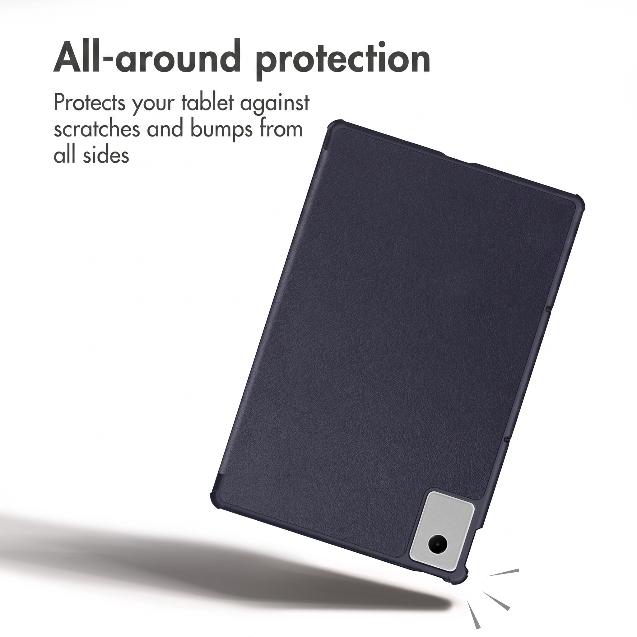 A dark blue tablet case angled on a white surface, with text stating 'All-around protection'.