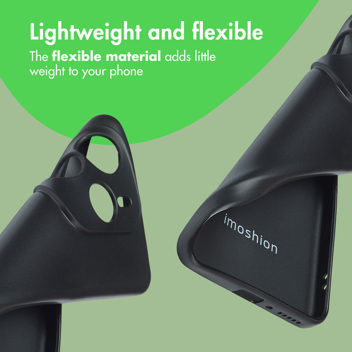 Funda de móvil negra ligera y flexible con el logotipo de imoshion sobre fondo verde.