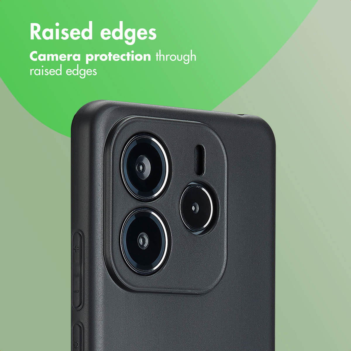 Funda de móvil negra con borde elevado alrededor de la cámara para proteger contra arañazos sobre fondo verde.