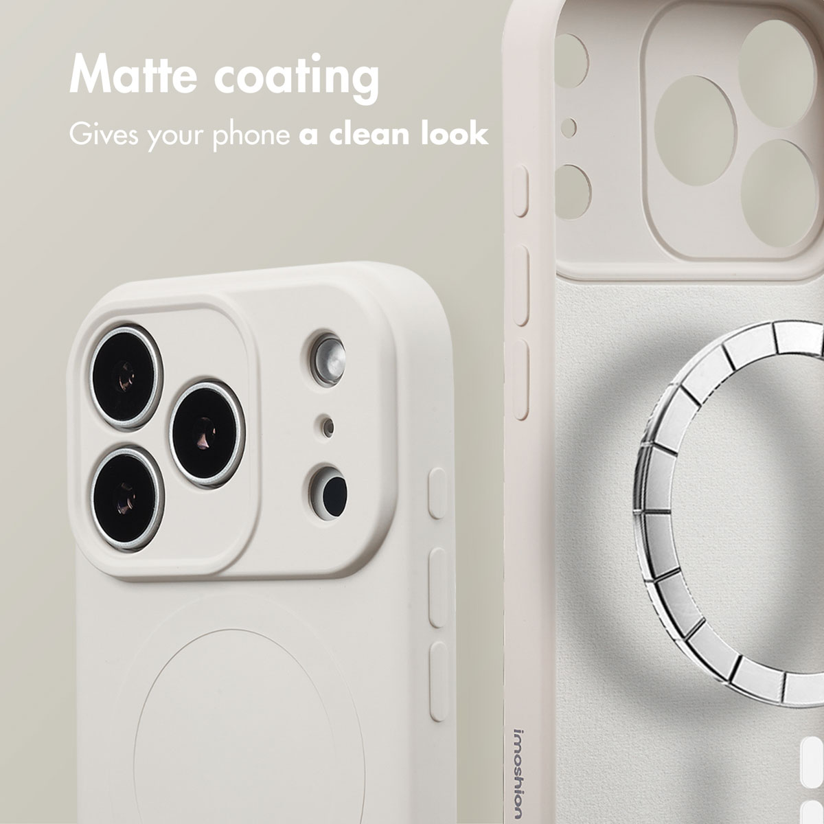 Une coque de téléphone mate beige avec découpe pour appareil photo et anneau MagSafe sur fond clair.