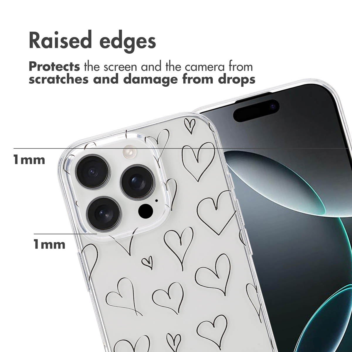 Ein Smartphone in einer klaren Hülle mit schwarzen Herzzeichnungen zeigt einen 1 mm erhöhten Rand zum Schutz.