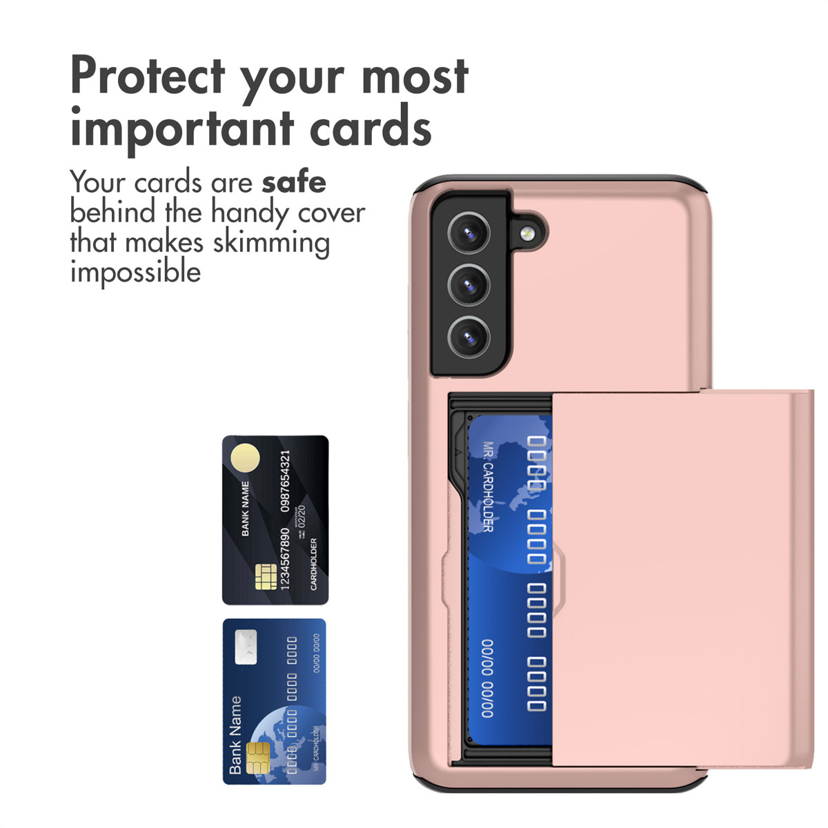 Coque de smartphone rose avec porte-cartes intégré à l'arrière et texte sur la protection anti-skimming.