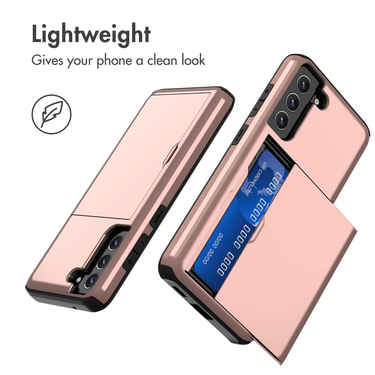 Deux coques de smartphone en or rose avec porte-cartes intégré sur fond blanc.