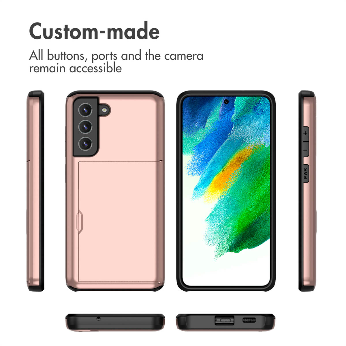 Coque de téléphone or rose sous plusieurs angles, avec boutons, ports, appareil photo et fente pour carte accessibles.