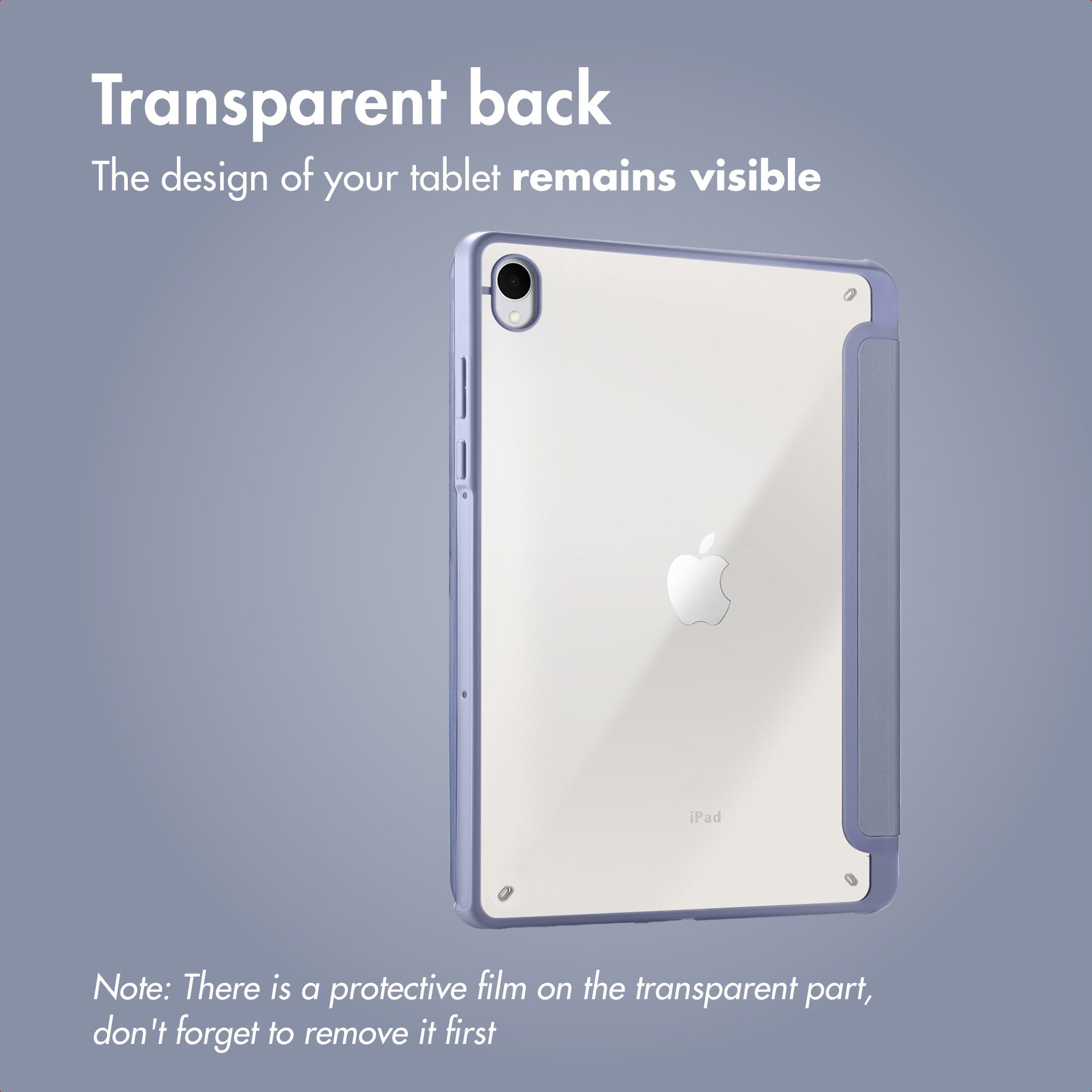 A purple tablet case with a transparent back showing the Apple logo on an iPad.