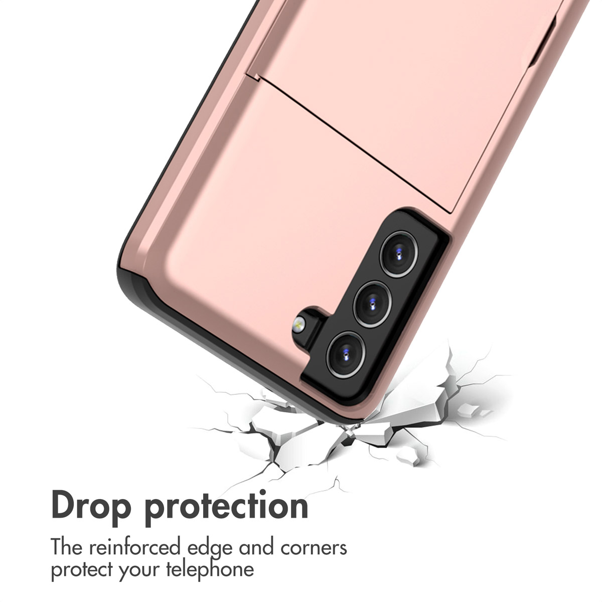 Coque de téléphone rose avec découpe pour appareil photo et texte de protection.