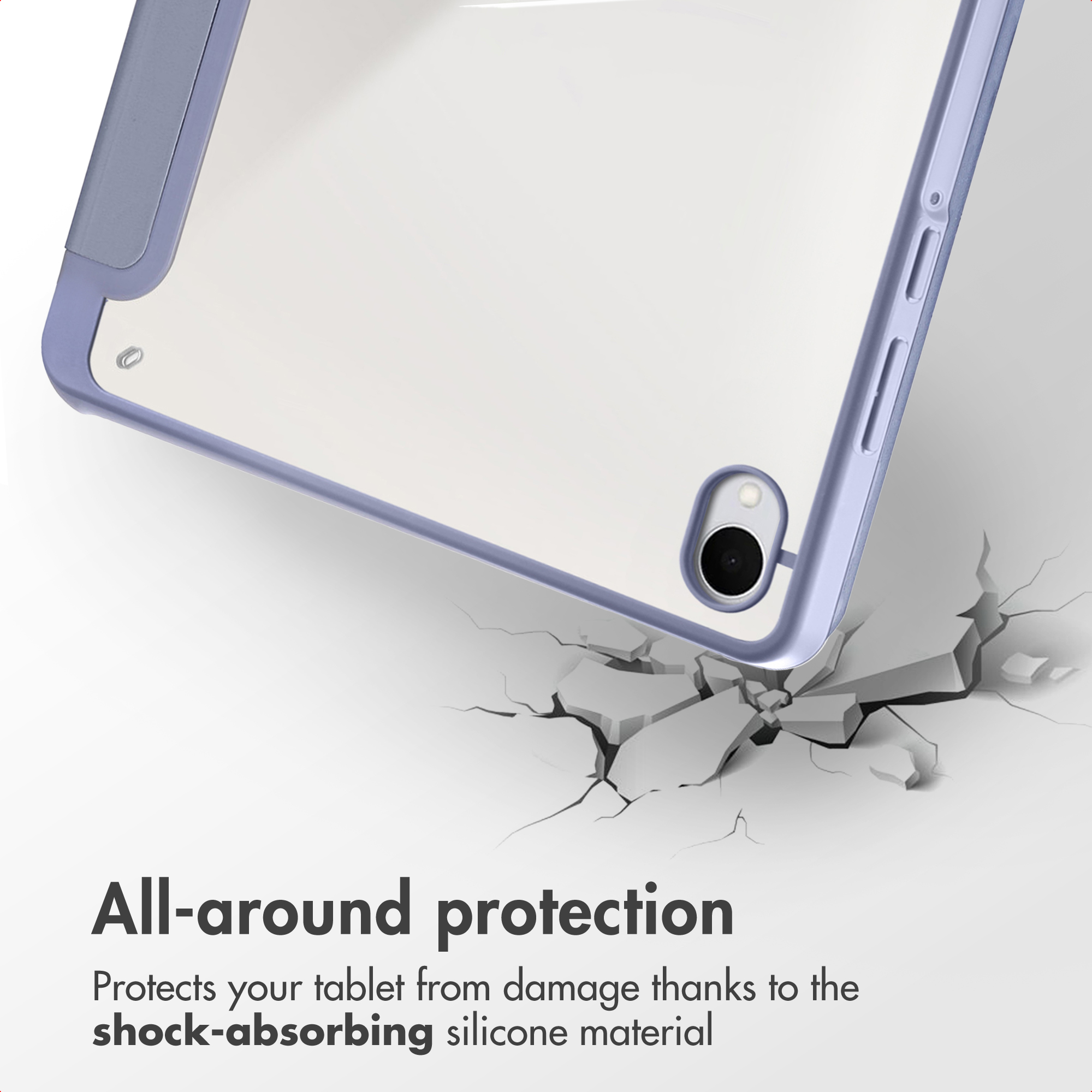 Tablet in a light blue protective case over a cracked grey surface with text about shock absorption.