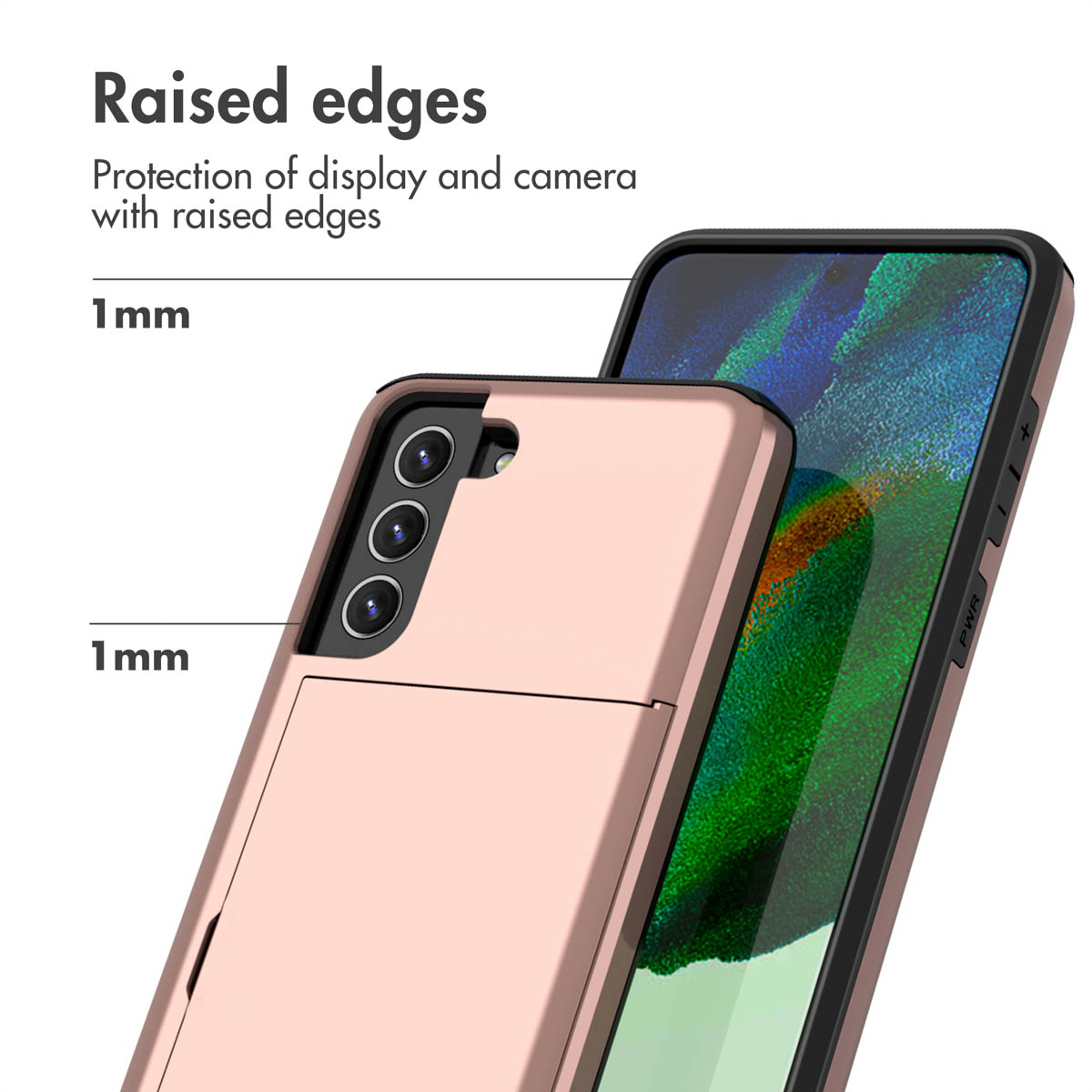 Smartphone dans une coque de protection or rose avec porte-cartes et bords surélevés.