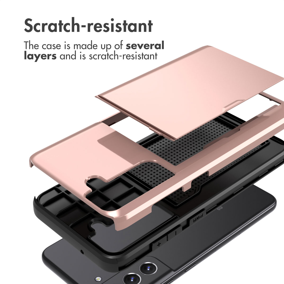 Vue éclatée d'une coque de smartphone montrant plusieurs couches, dont un dos or rose et un cadre intérieur noir.