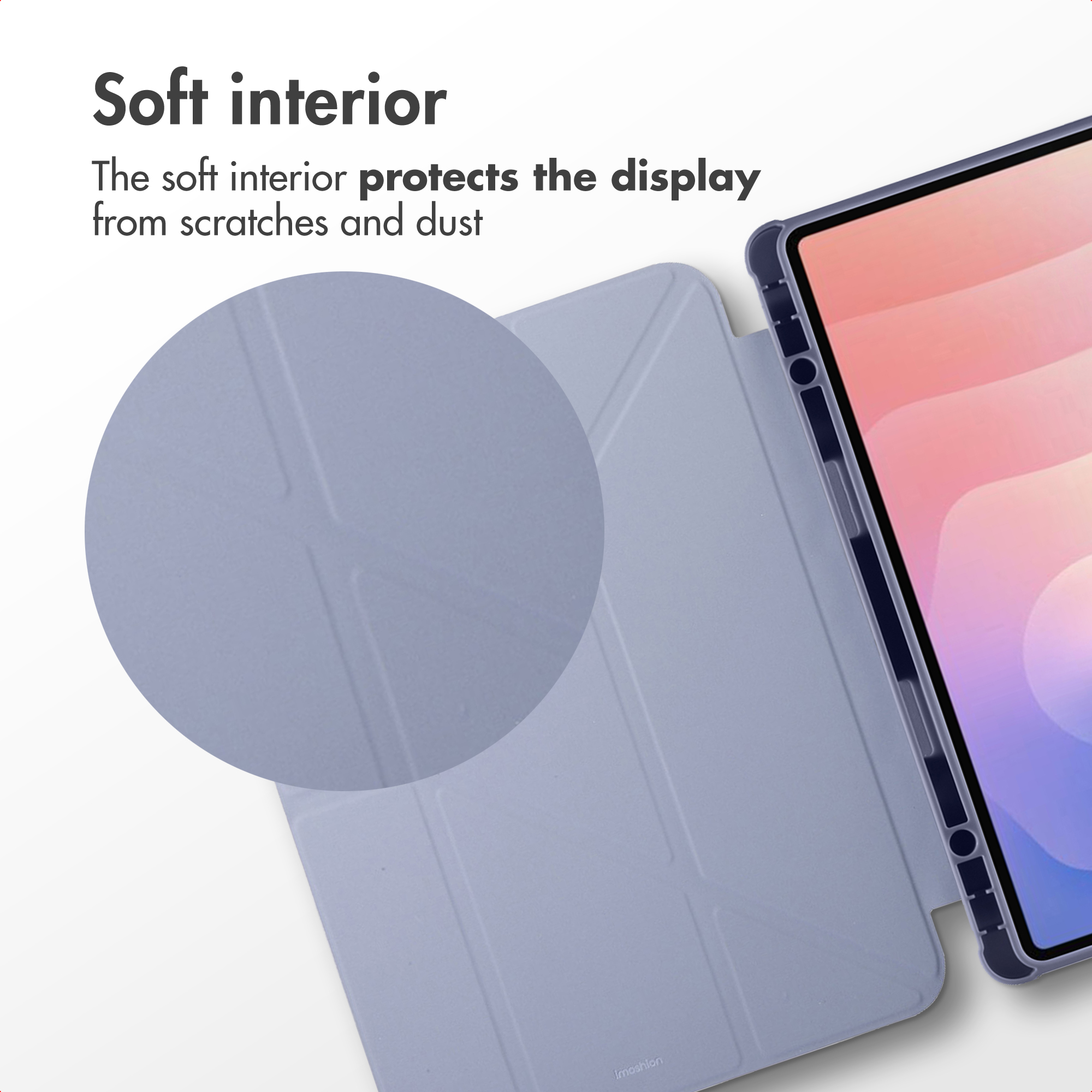 A light purple tablet case featuring a soft interior for display protection, with text above.