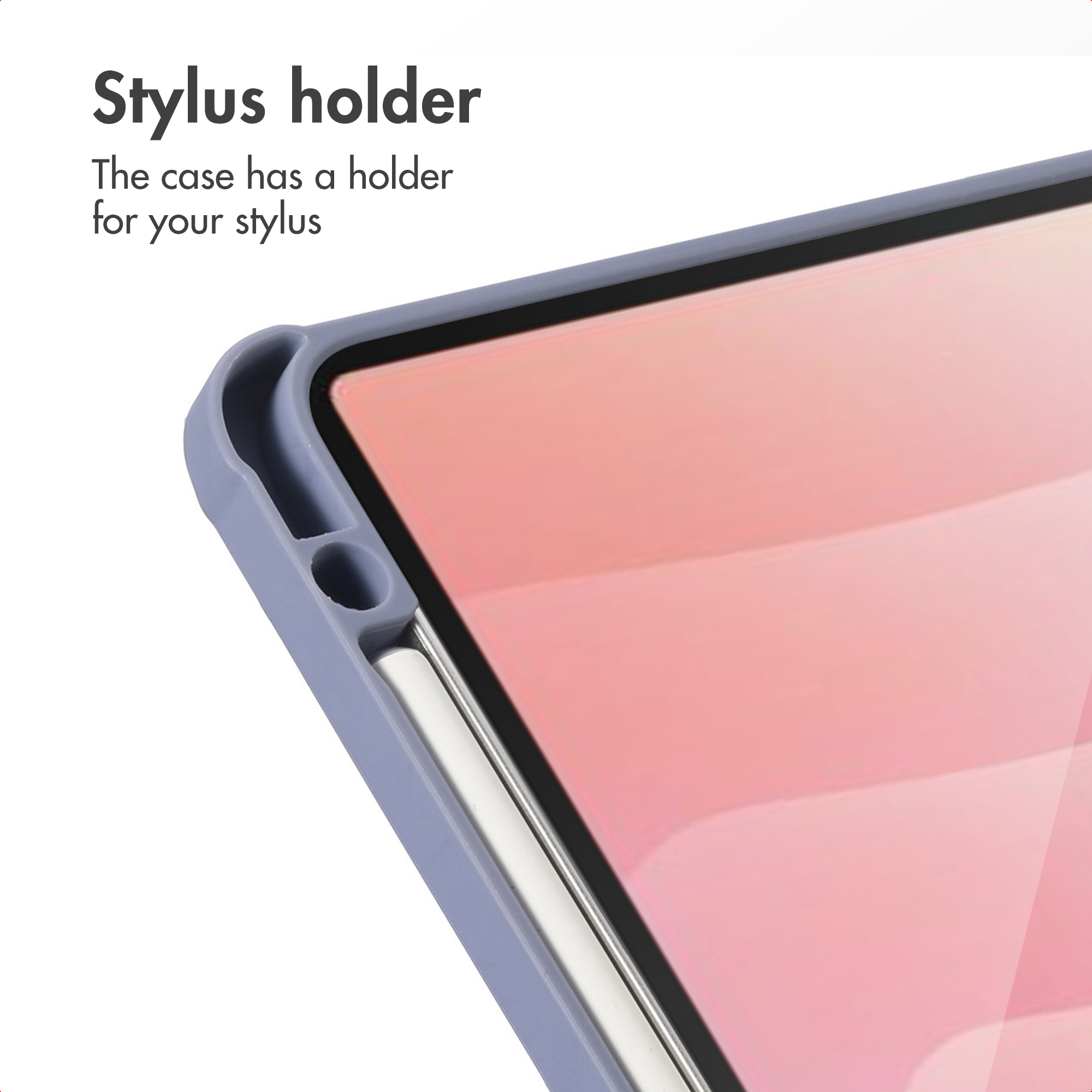 A purple tablet case with an integrated stylus holder in the corner.
