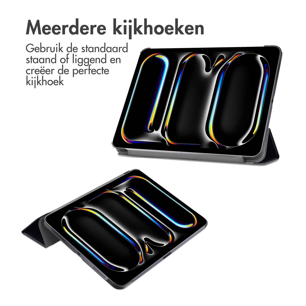 Tablet in hoes in twee verschillende standen, staand en liggend, met tekst in het Nederlands.