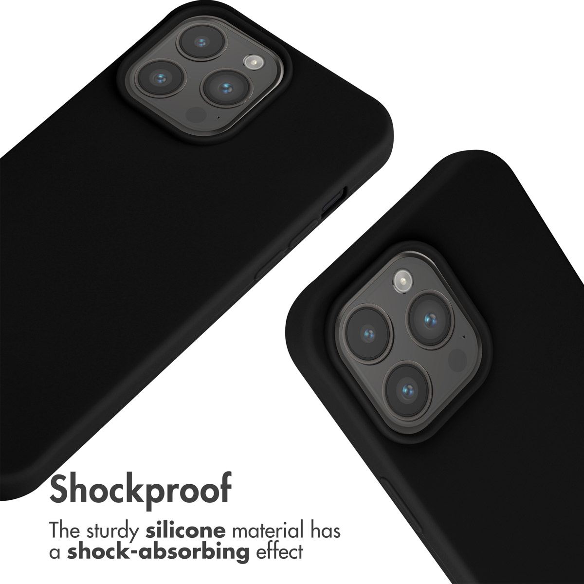 Dos teléfonos negros con triple cámara en fundas negras sobre fondo blanco con texto sobre absorción de impactos.