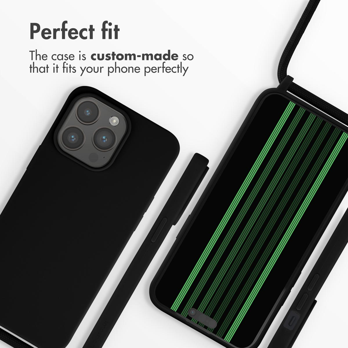 Un smartphone negro con funda protectora personalizada y correa para el cuello sobre fondo blanco.