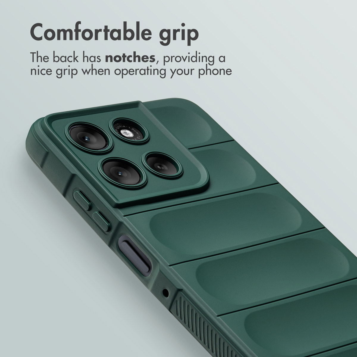 Custodia per smartphone verde scuro con retro testurizzato per una presa comoda e modulo fotocamera quadrato.