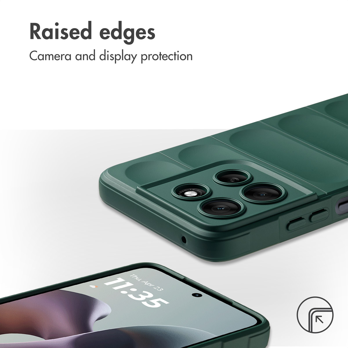 Custodia per telefono verde con bordi rialzati per proteggere fotocamera e display.