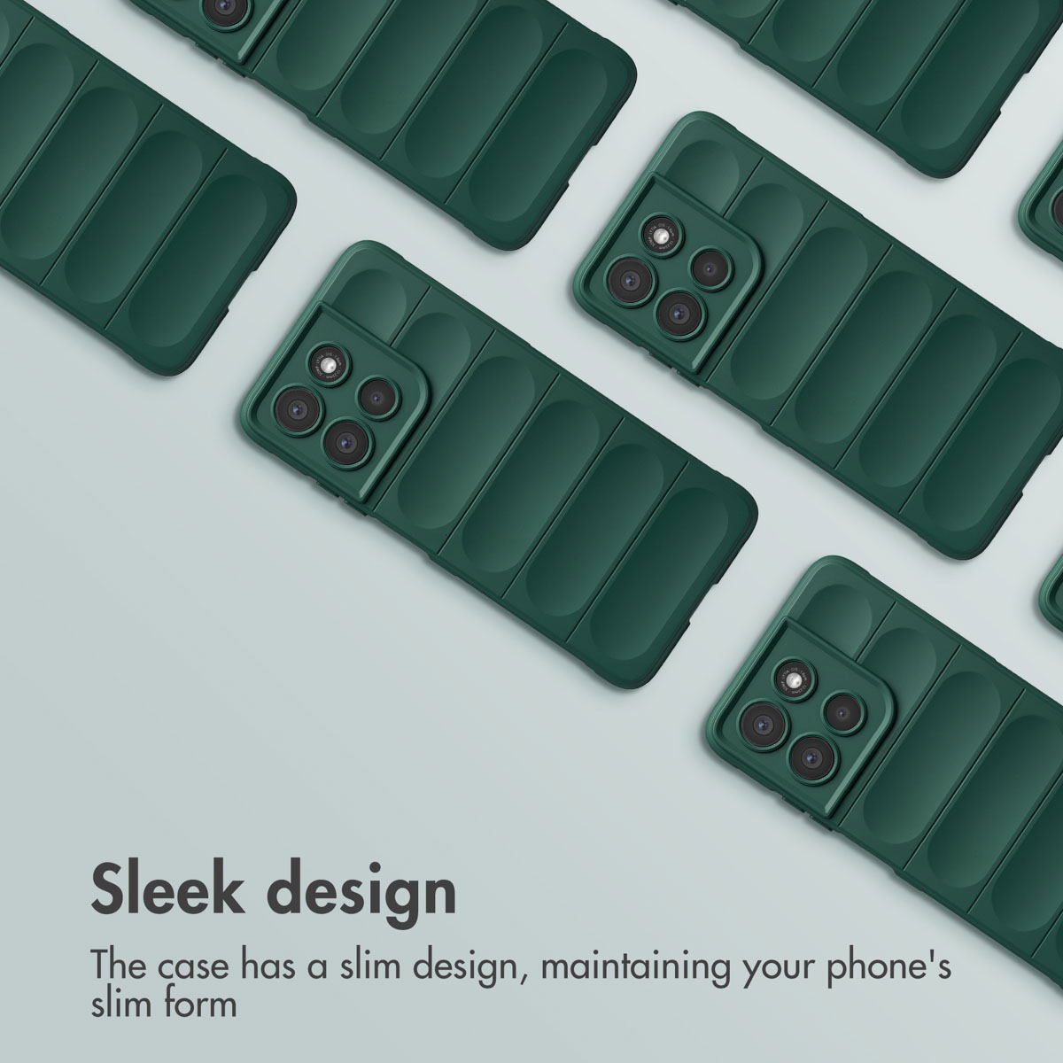 Diverse custodie per smartphone verdi con design imbottito, disposte in diagonale su sfondo chiaro.