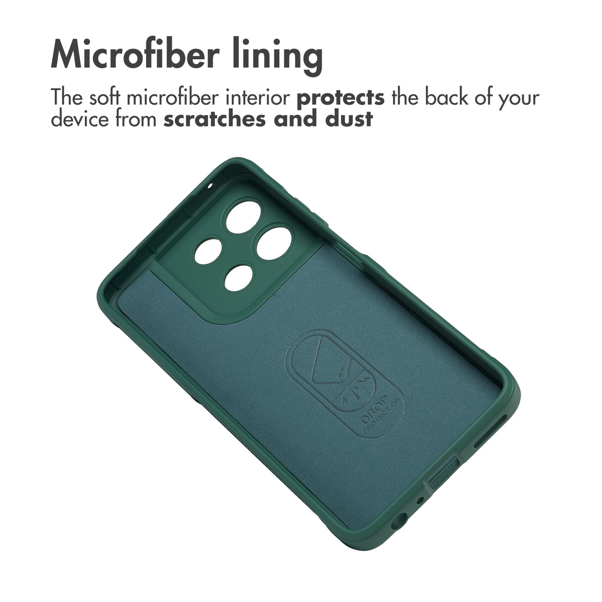 Custodia per telefono verde scuro con morbida fodera in microfibra e testo.