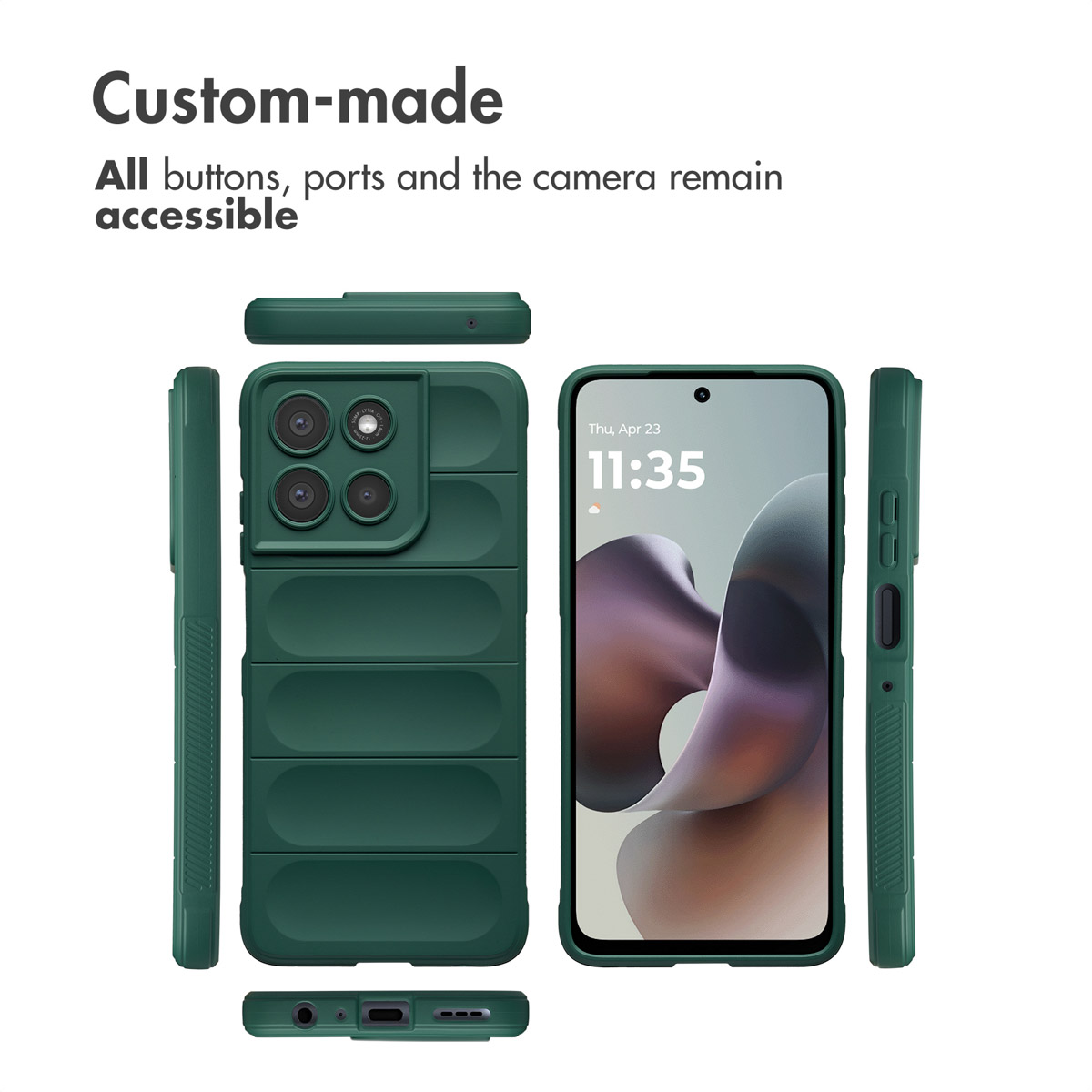 Custodia protettiva verde per smartphone mostrata da più angolazioni con testo.