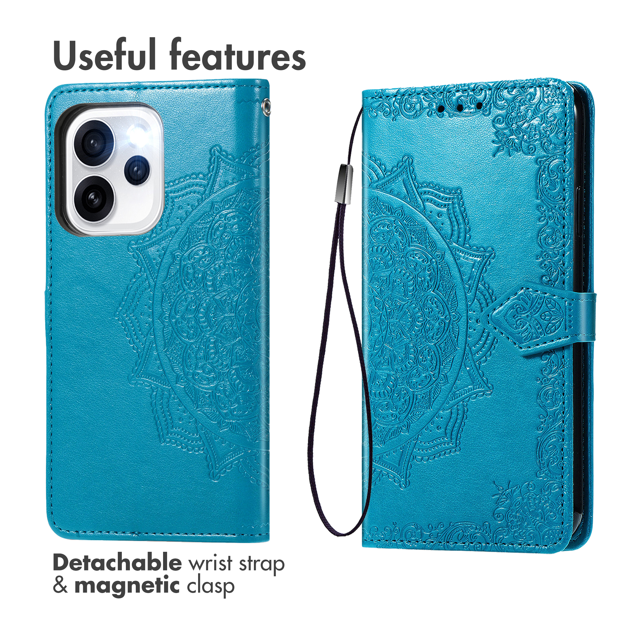 Custodia a portafoglio blu per telefono con motivo mandala, laccetto e chiusura magnetica.