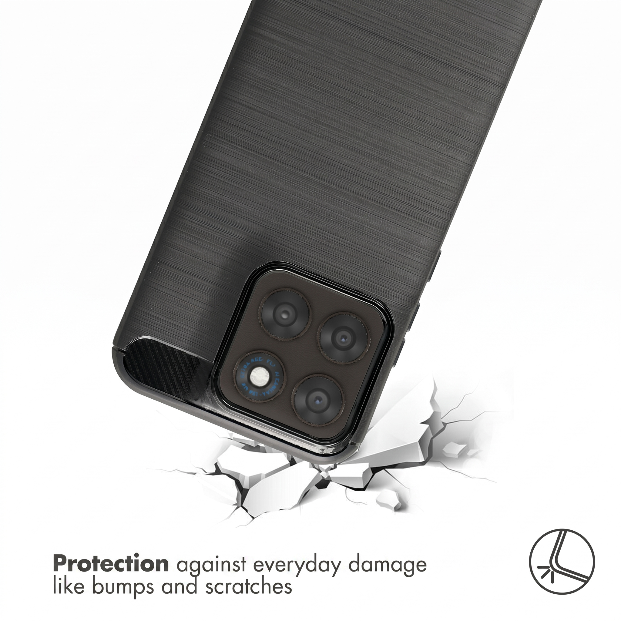 Black protective phone case on a cracked surface with damage prevention text.