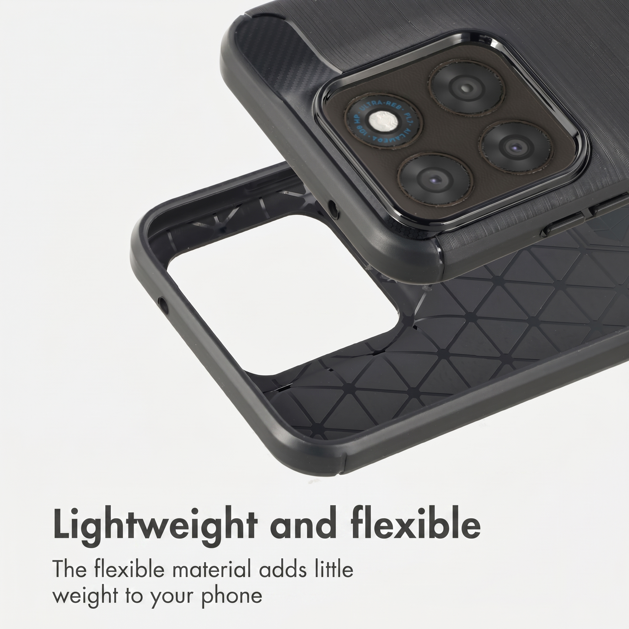 A black, textured phone case with a flexible inner layer and a square camera cutout on a white background.