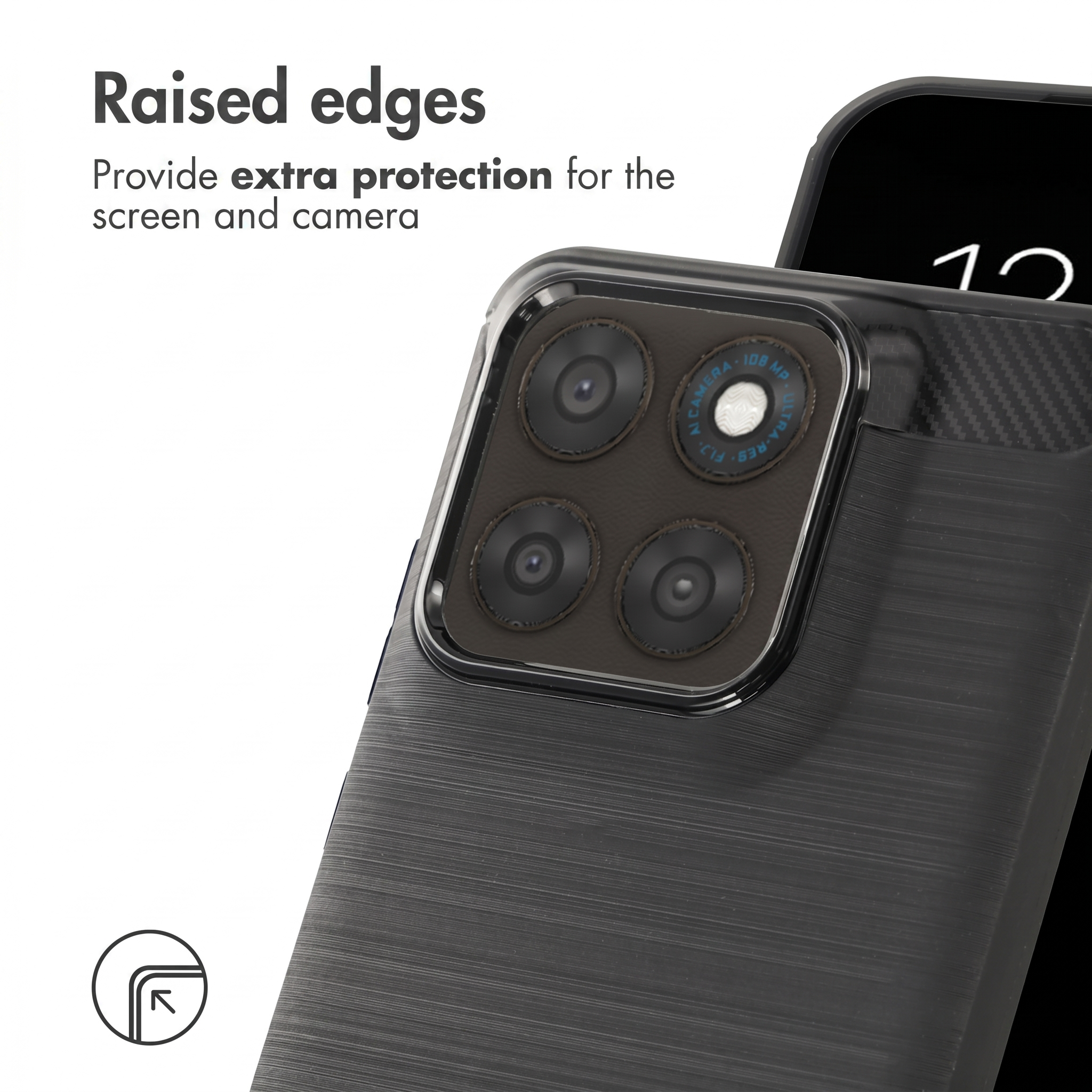 Close-up of a black phone case with raised edges protecting the camera.
