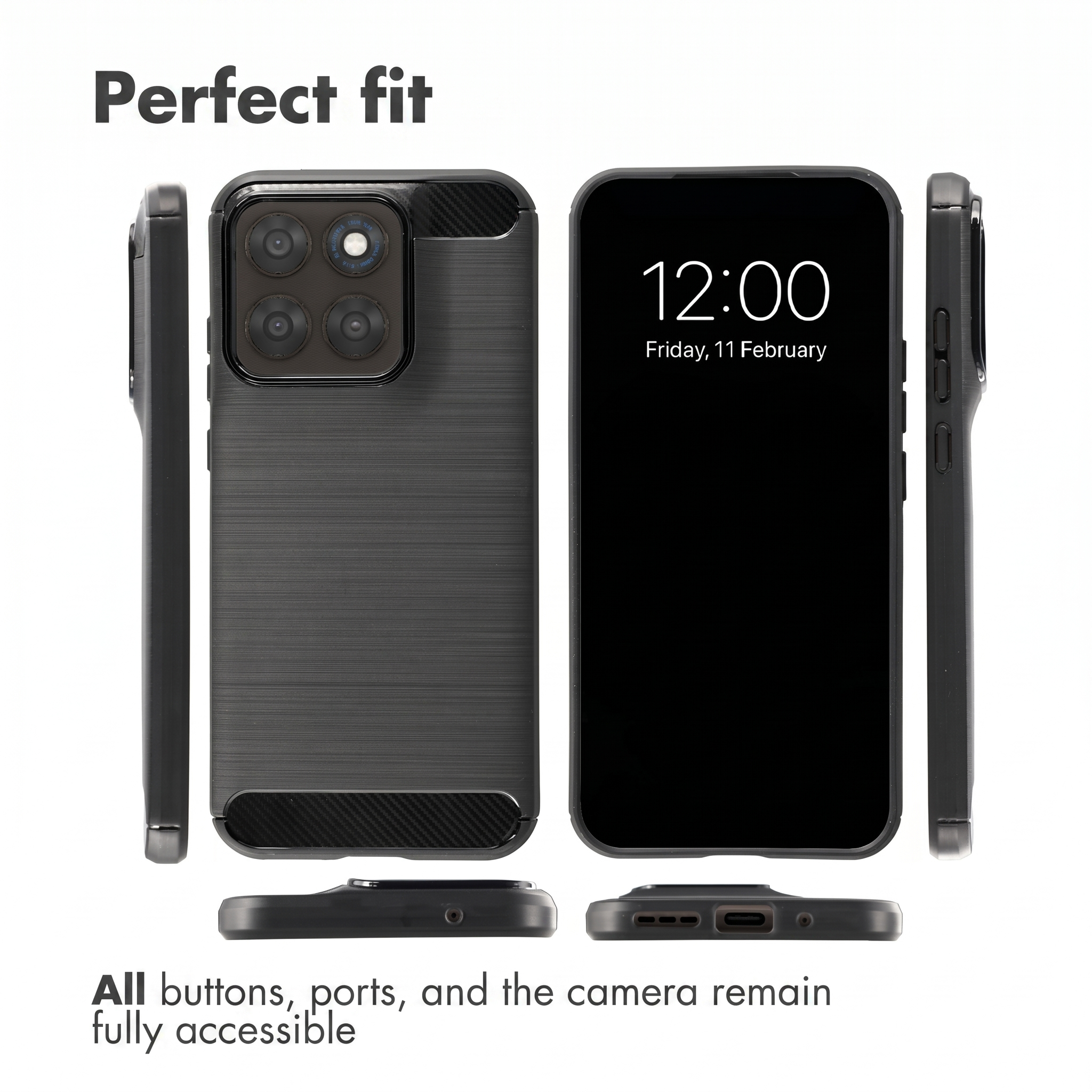 Multiple views of a black smartphone case showing cutouts for the camera, ports, and buttons against a white background.