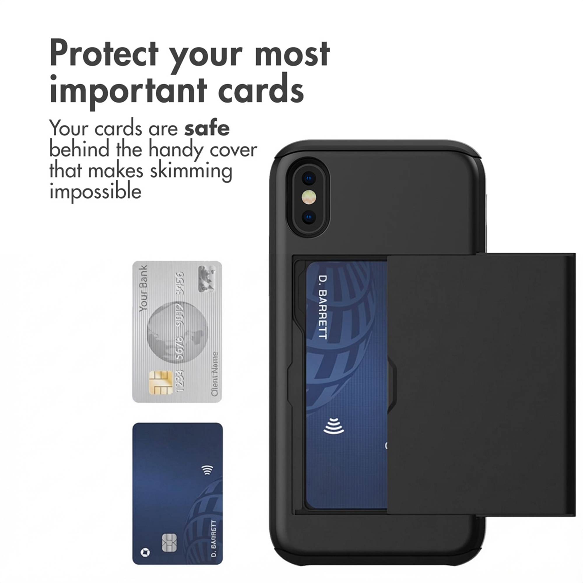 Custodia per smartphone nera con porta carte scorrevole e due carte di credito.