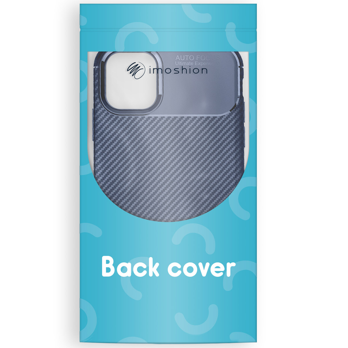 Coque arrière de téléphone Imoshion bleue dans un emballage bleu clair.