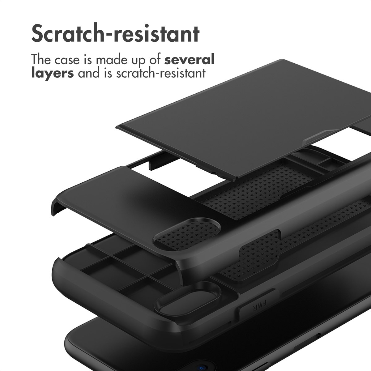 Vista esplosa di una custodia per smartphone nera, multistrato e antigraffio.