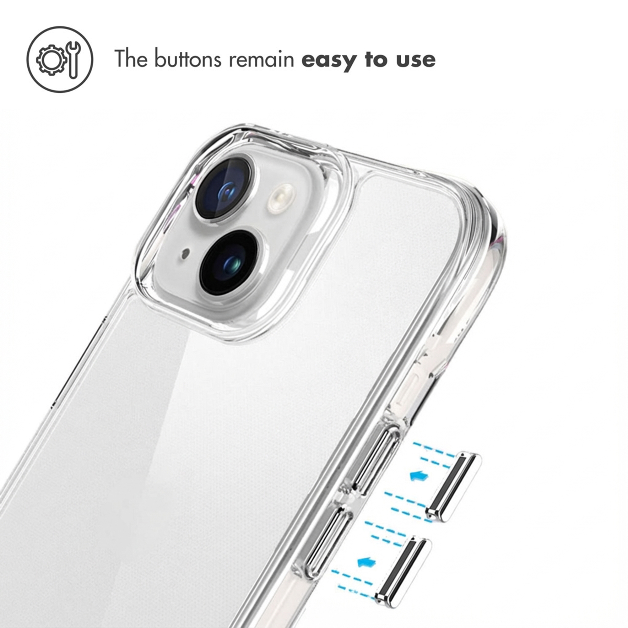 Una funda transparente en un smartphone muestra botones laterales accesibles.