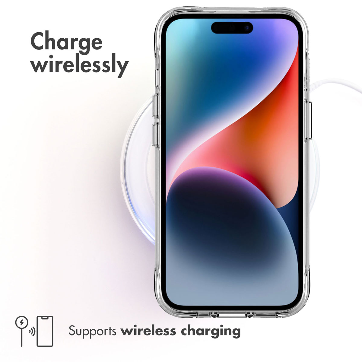 Un teléfono en una funda transparente sobre un cargador inalámbrico redondo, con el texto "Charge wirelessly".