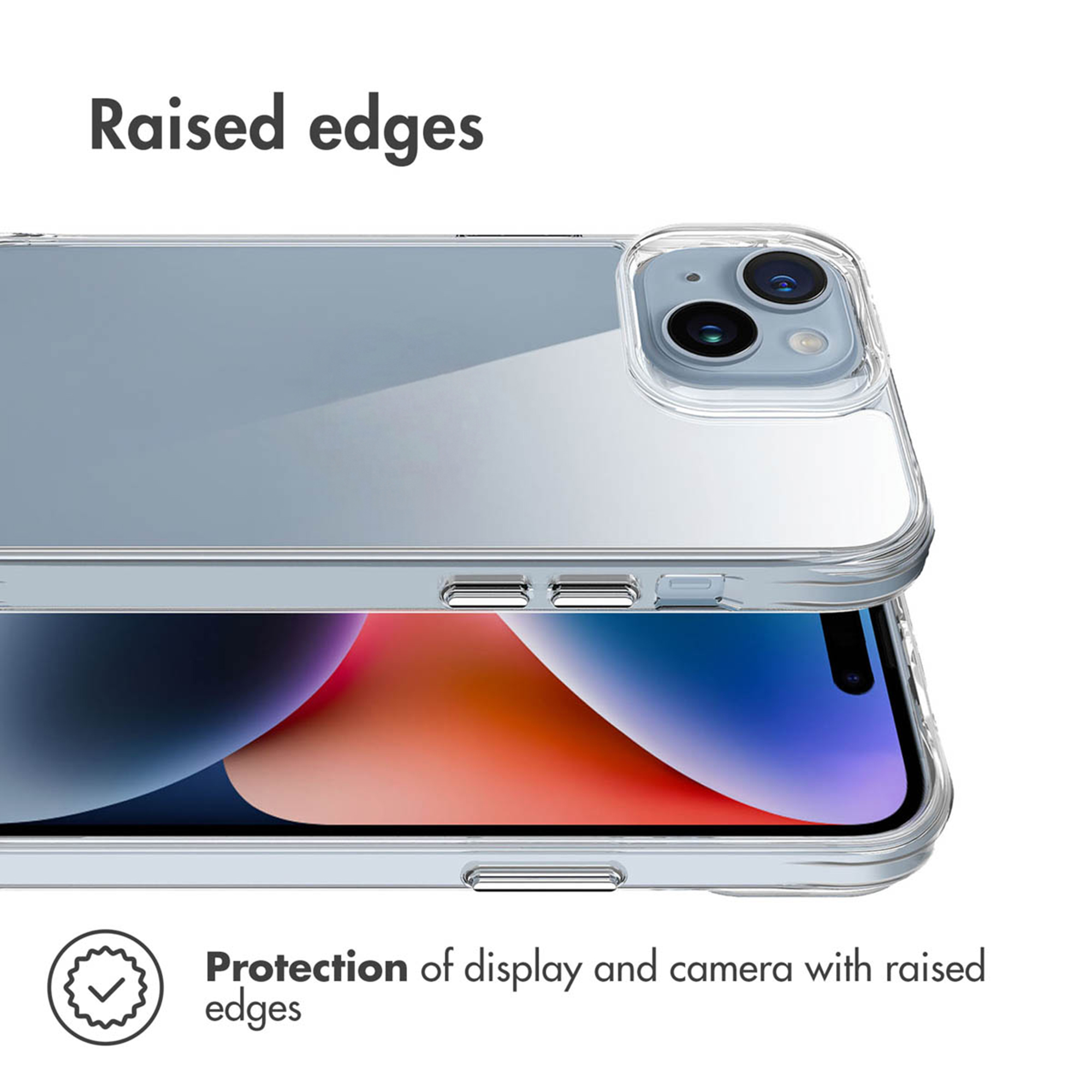 Funda protectora transparente con bordes elevados para pantalla y cámara.