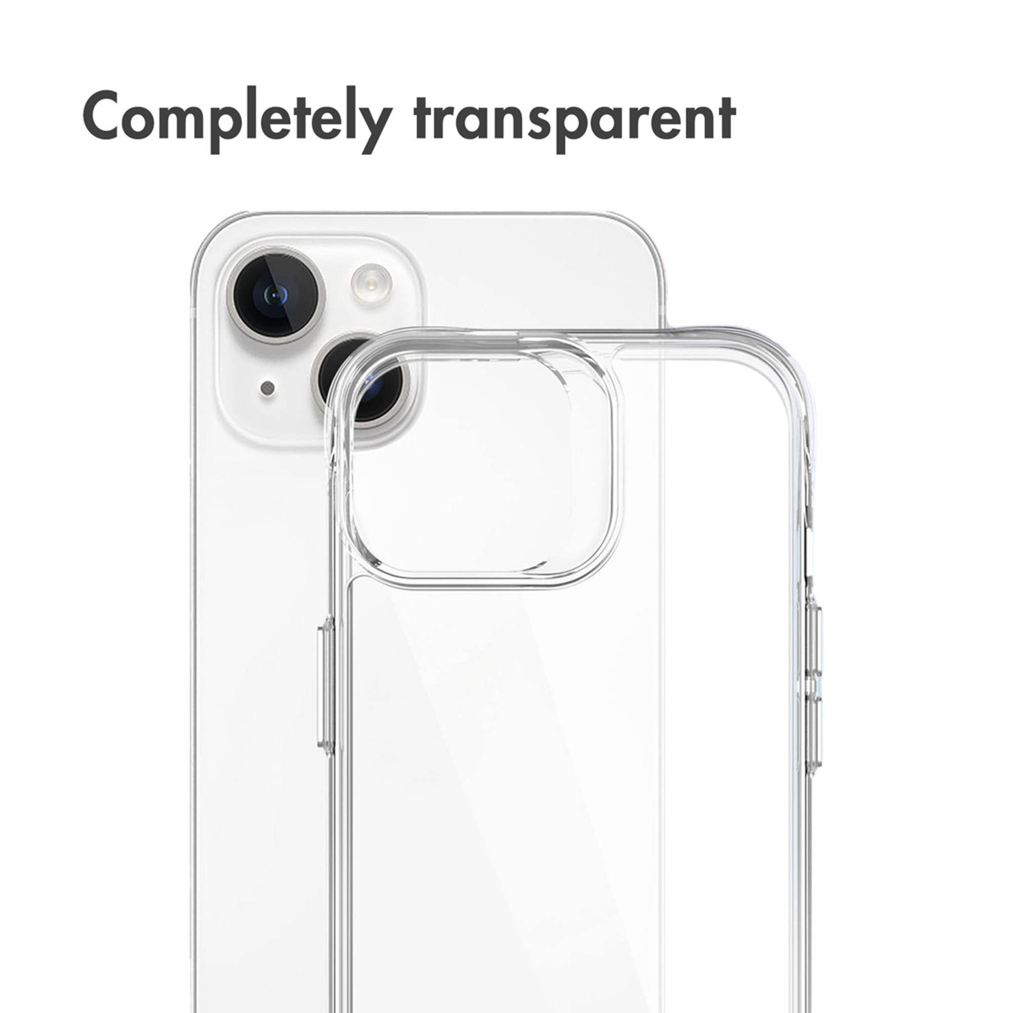 Una funda de teléfono transparente frente a un teléfono blanco con dos cámaras.