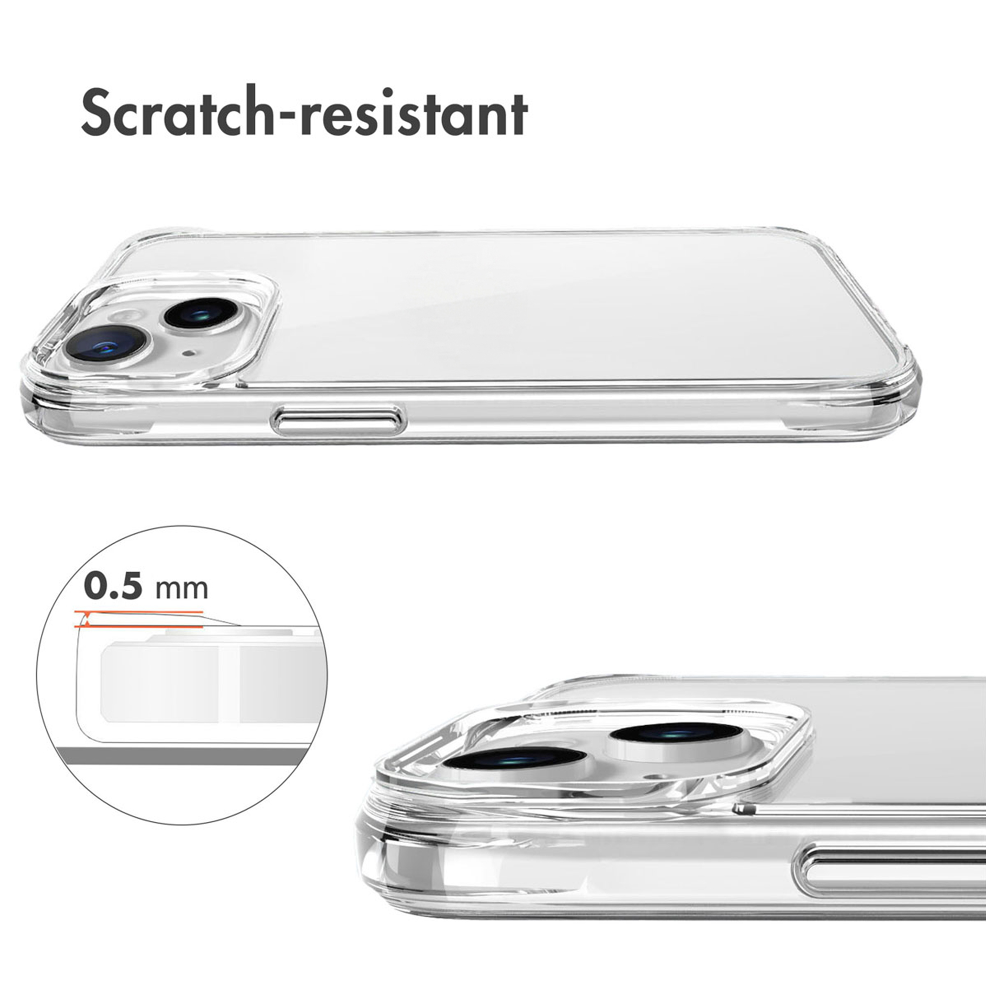 Funda de móvil transparente con protección antiarañazos y borde de cámara de 0.5 mm.