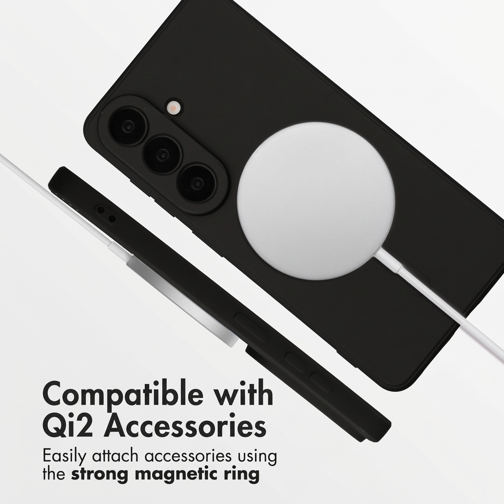 Telefono nero in custodia con caricatore magnetico bianco, testo: Compatibile con accessori Qi2.